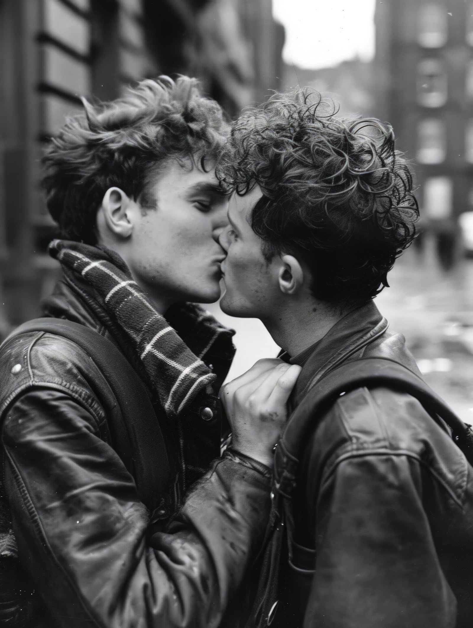 Two men sharing a kiss in a black-and-white portrait.